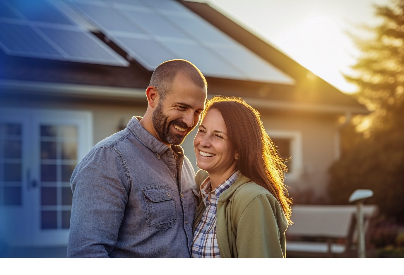 Casal sorrindo ao pôr do sol em frente a um sistema de painéis solares instalado pela Otimize
